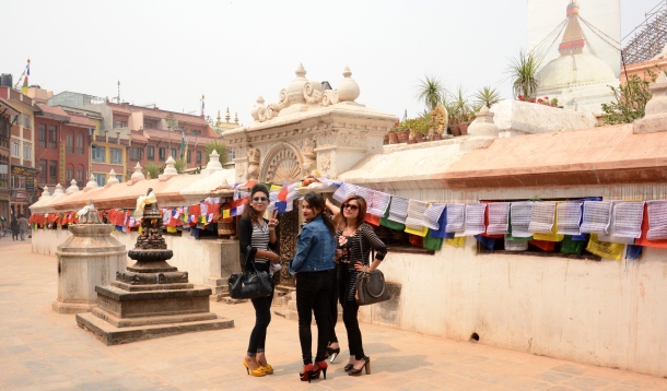 1 Boudhanath modern nepali girls and old stupa photo